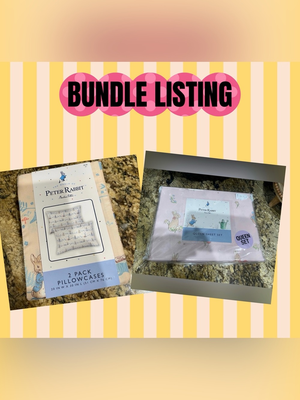 Beatrix Potter Peter Rabbit Soft pink queen sheet set & peach pillowcase bundle